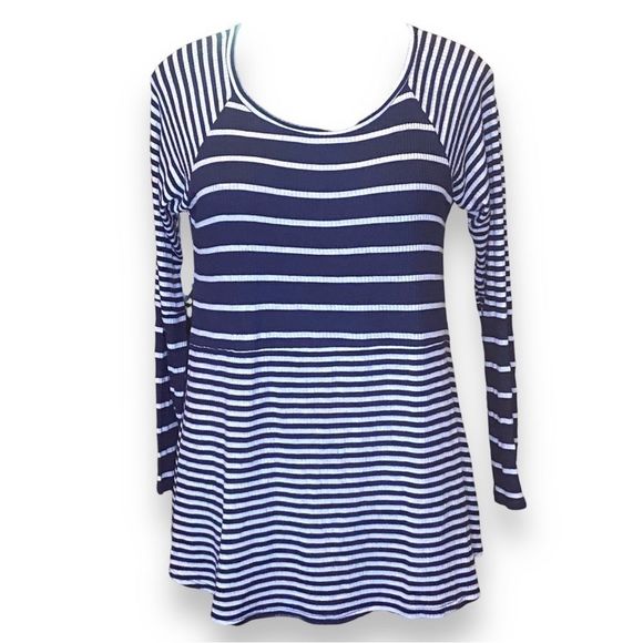 🎈Sun & Moon Blue White Striped Long Sleeve Tunic Top Raglan Sleeves Lightweight - Picture 3 of 6